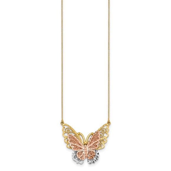 14k Yellow & Rose Genuine Gold with  Rhodium Butterfly 18" Necklace - Picture 2 of 3